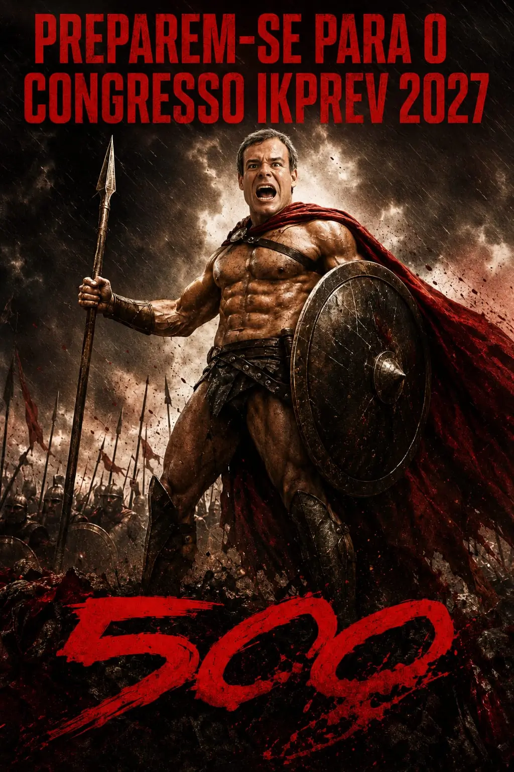 Pôster no estilo do filme 300 com o coordenador como guerreiro espartano, intitulado 500