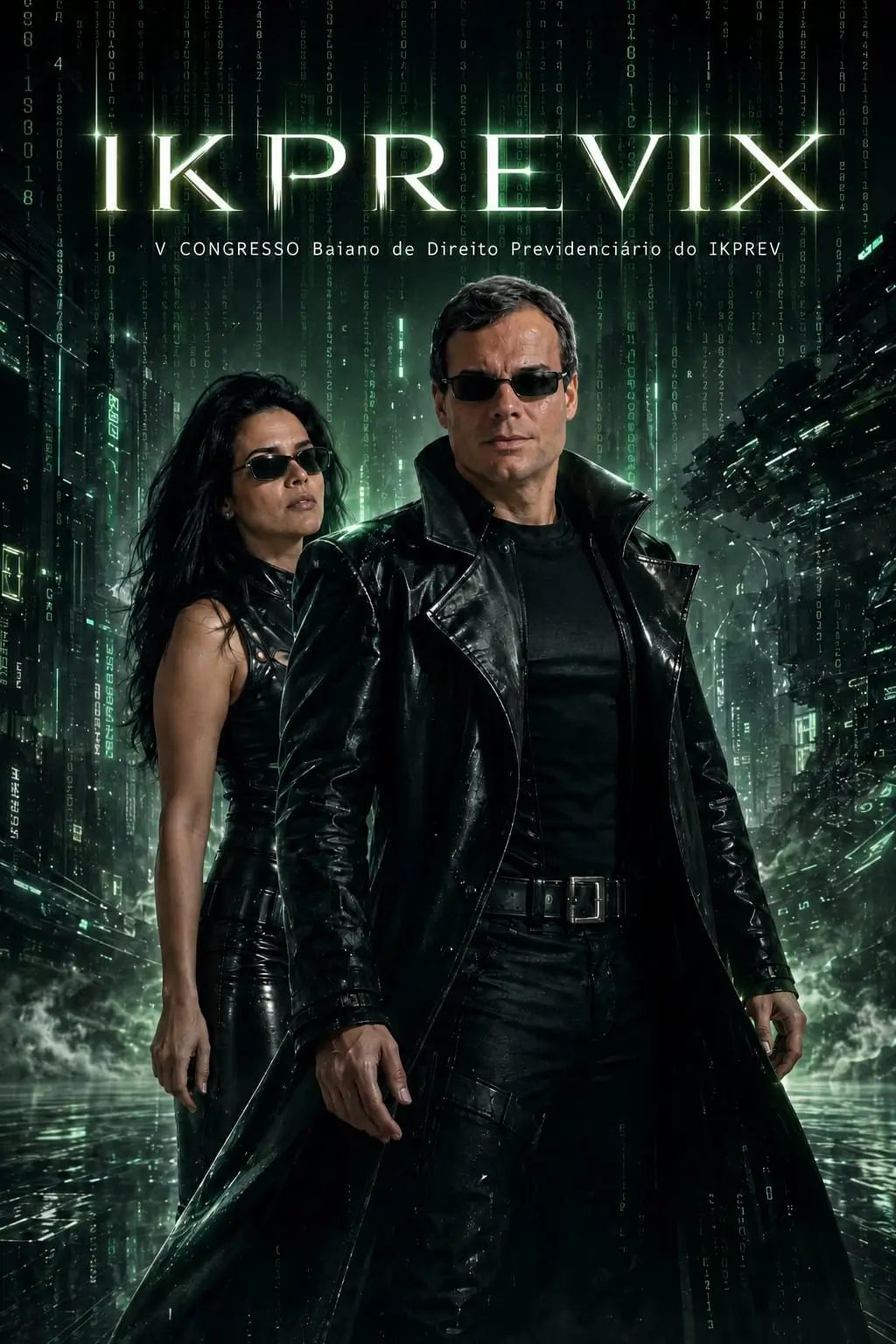 Pôster de filme no estilo Matrix com os coordenadores, intitulado IKPREVIX