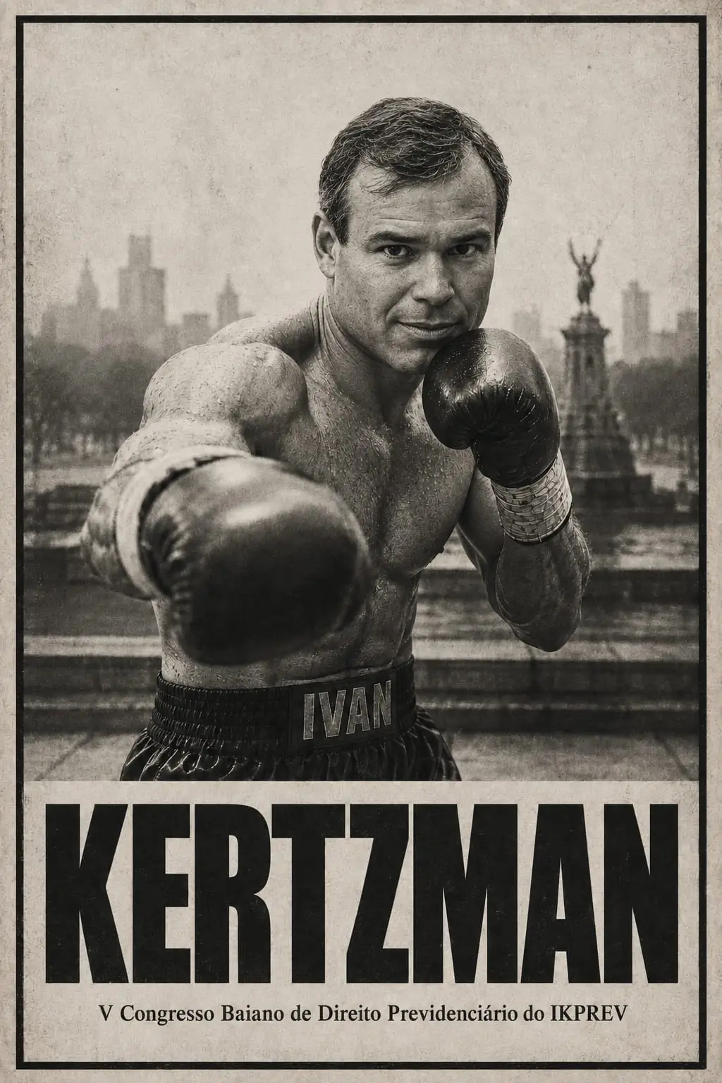 Pôster no estilo Rocky com o coordenador Ivan Kertzman de luvas de boxe, intitulado Kertzman